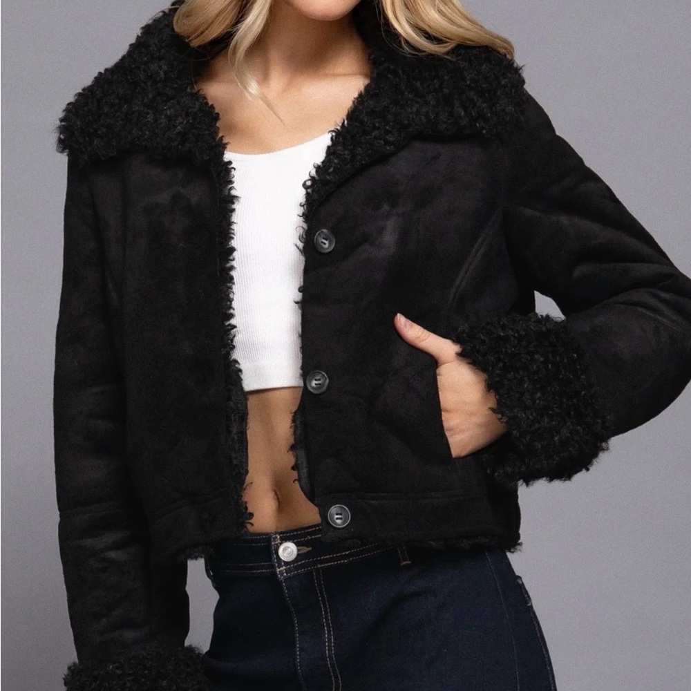 Cozy Black Teddy-Trim Jacket
